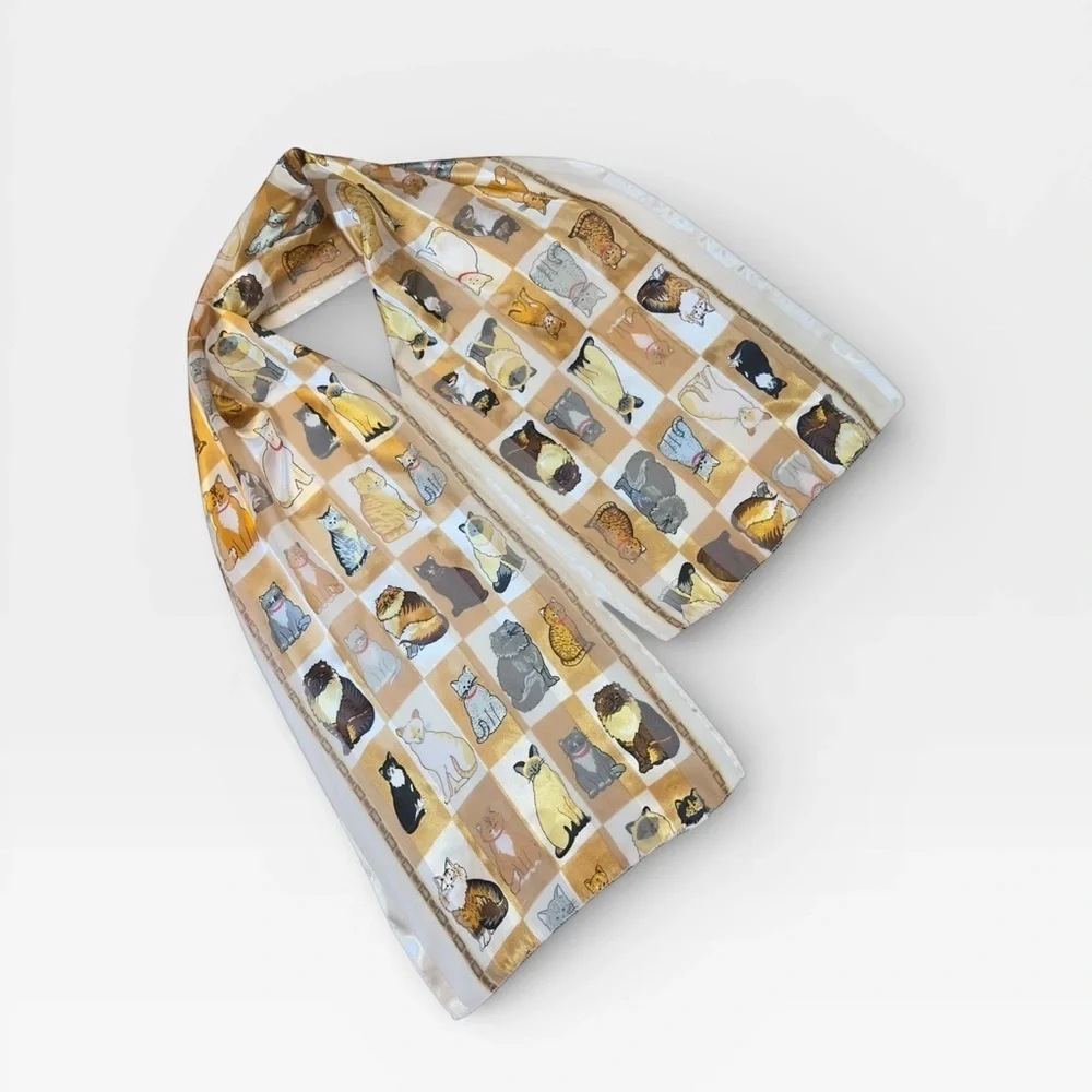 Vintage Yellow Gold White Cat Silk Scarf 13x60